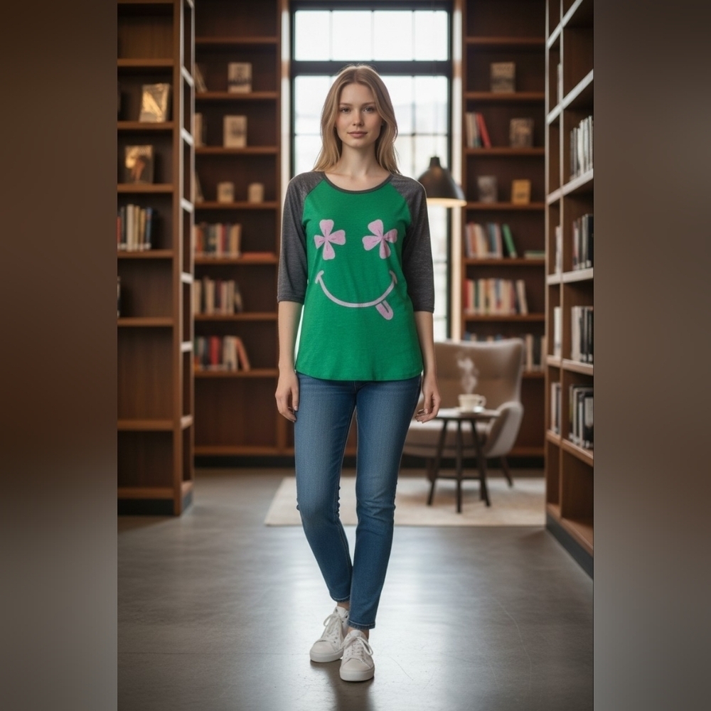 L.O.L Vintage Womens Lucky Clover Smiley Face Graphic Raglan Tee EUC Size M